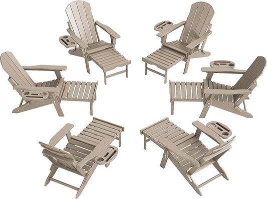 Adjustable Adirondack Chair with Retractable Ottoman Set of 6, HDPE Folding Adirondack Chair with Cup Holder, All Weather Fire Pit Chair for Outdoor.