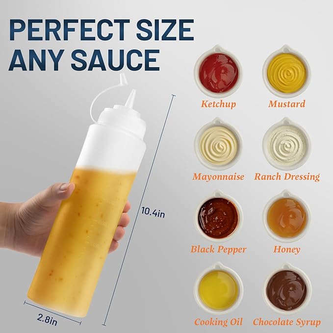 32 oz Condiment Squeeze Bottles, Salad Dressing Container, Ketchup and Mustard Bottles Squeeze, Sauces Bottle for Home and Kitchen, Dressing Bottle for Oil, Paint, BBQ, Honey - 6 Pack