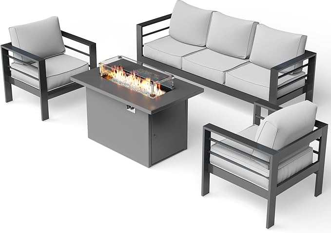 UDPATIO 8 Piece Aluminum Patio Furniture Set with Aluminum Fire Pit Table,Mordern Outdoor Furniture Set with Water-Proof Cover Included, Grey