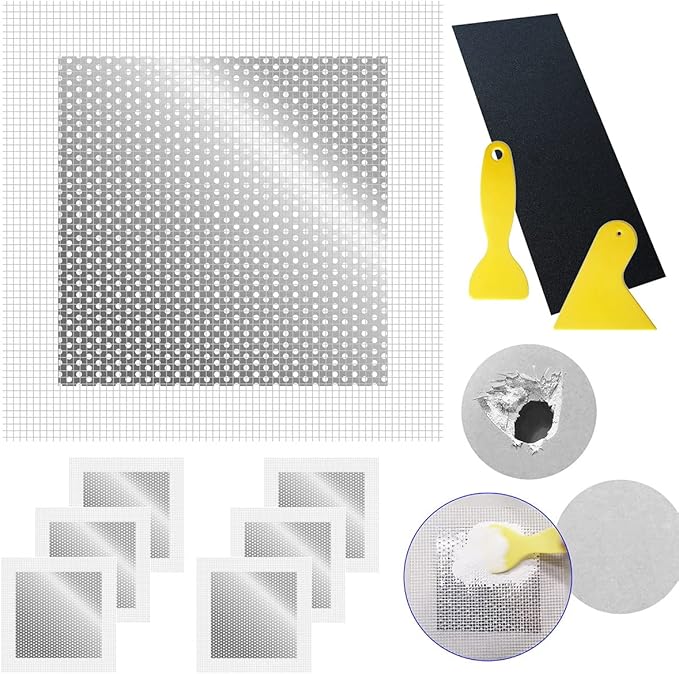 Drywall Repair Patch, Wall Patch Repair Kit, Self Adhesive Wall Mesh Repair, Large Hole Patch for Drywall, Sheet Rock Patch, Aluminum Sheetrock Ceiling Dry Wall Patch and Grit Sandpaper Scraper