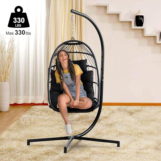 PRIVATE GARDEN Indoor Outdoor Patio Hanging Egg Chair Wicker Swing Hammock Chairs UV Resistant Cushion Folding Aluminum Frame 330lbs Capacity for Patio Bedroom Balcony (Black)