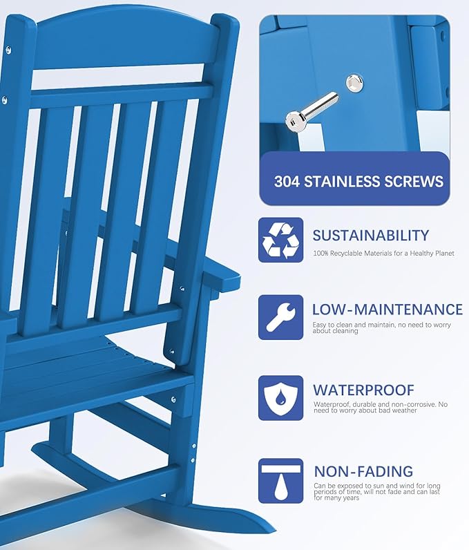 FOOWIN Outdoor Rocking Chair, High Back Patio Rocking Chair, HDPE All Weather Resistant Porch Rocker for Adult, Oversized Rocking Chairs for Garden, Lawn, Indoor & Outdoor Use, Pacific Blue