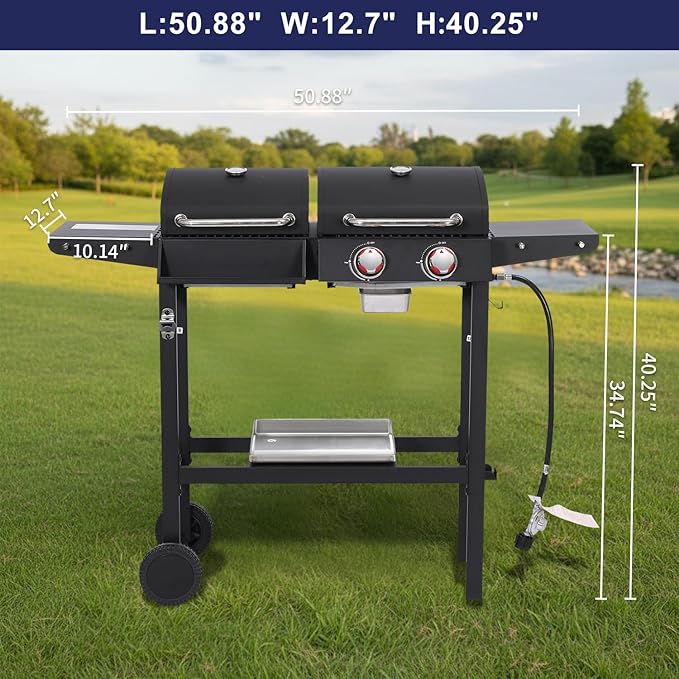 Charcoal and 2-Burner Propane Gas Combo Grill with Stainless Steel Griddle & Porcelain-enameled Cast Iron Grates, Dual Fuel BBQ Combo Grill for Outdoor Cooking