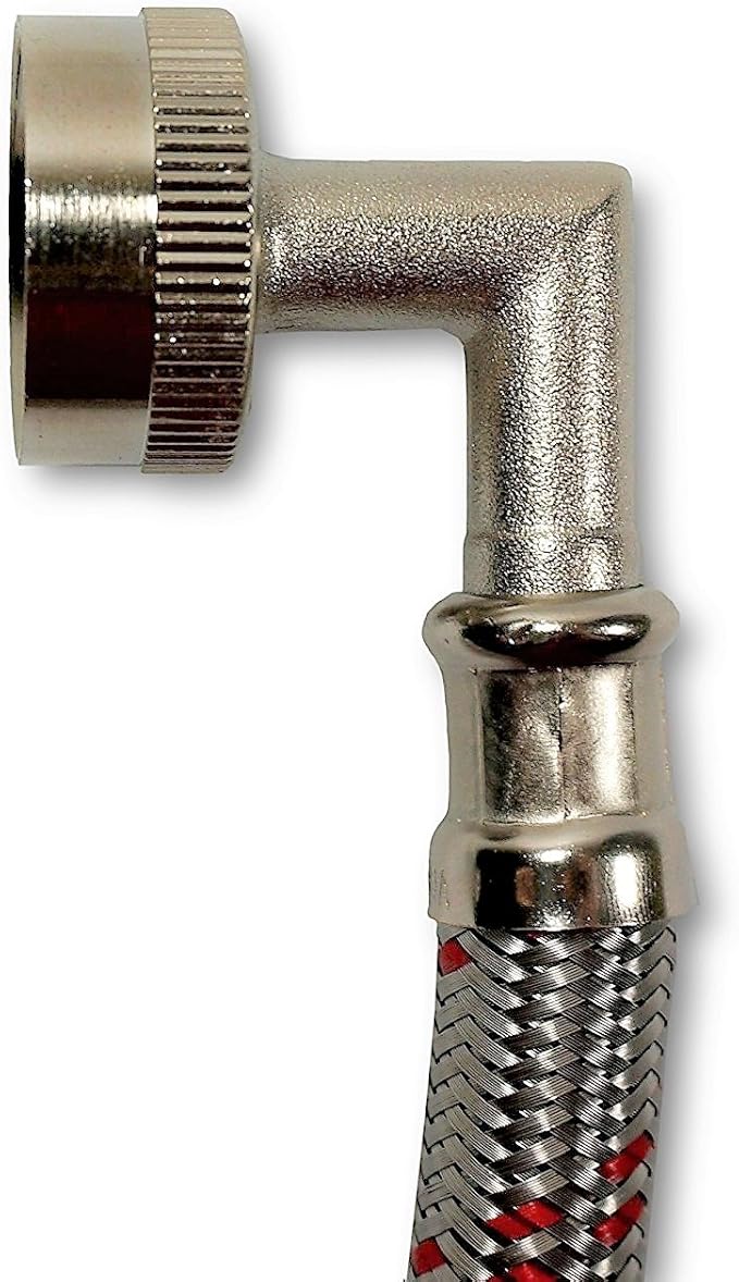 Premium Stainless Steel Washing Machine Hoses with 90 Degree Elbow, 8 Ft Burst Proof (2 Pack) Red and Blue Striped Water Connection Inlet Supply Lines