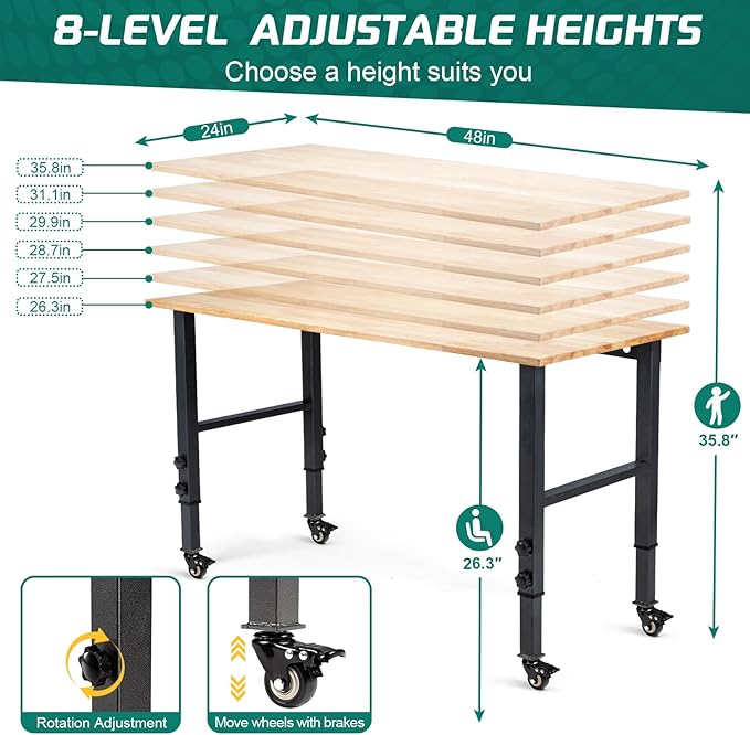 48 "Adjustable Wheels Workbench, Heavy Duty 2000 LBS Load Capacity Hardwood Workbench Suitable for Workshop, Office, Garage, Home (Metal Wheels丨No Power Outlets 48"x24")