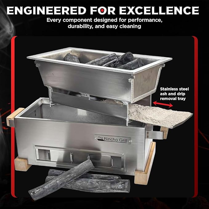 The Bincho Grill – 16" Mini Yakitori Grill – Stainless Steel Mini Tabletop Charcoal BBQ with Charcoal Box, Optimized Airflow & Cool-Touch Base - Perfect for Japanese Grilling, Skewers, Meat, Seafood