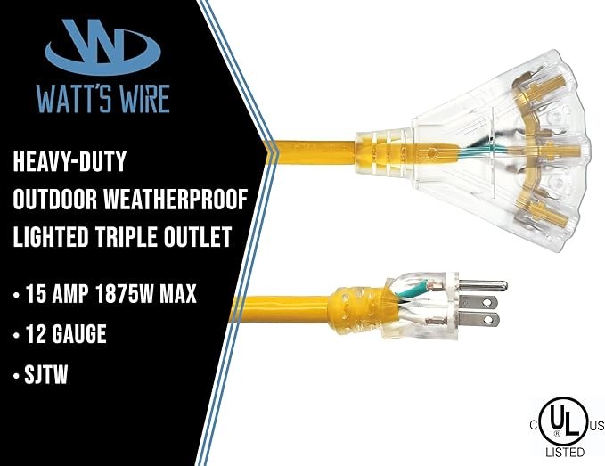 6 ft Outdoor Extension Cord Waterproof - 12 Gauge Heavy Duty Extension Cord Splitter - Lighted Outdoor Extension Cords with Multiple Outlets - Watts Wire - 6' Grounded - extensiones electricas