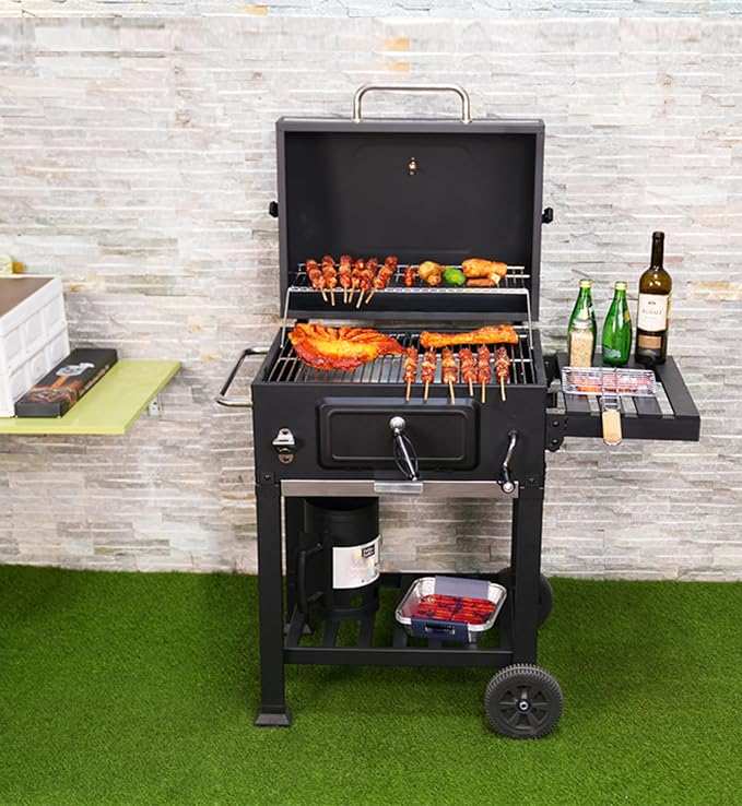 Charcoal BBQ Grills, Outdoor Barbecue Grill with Adjustable Charcoal Tray & Foldable Side Table for Outdoor Patio, Garden and Backyard Grilling