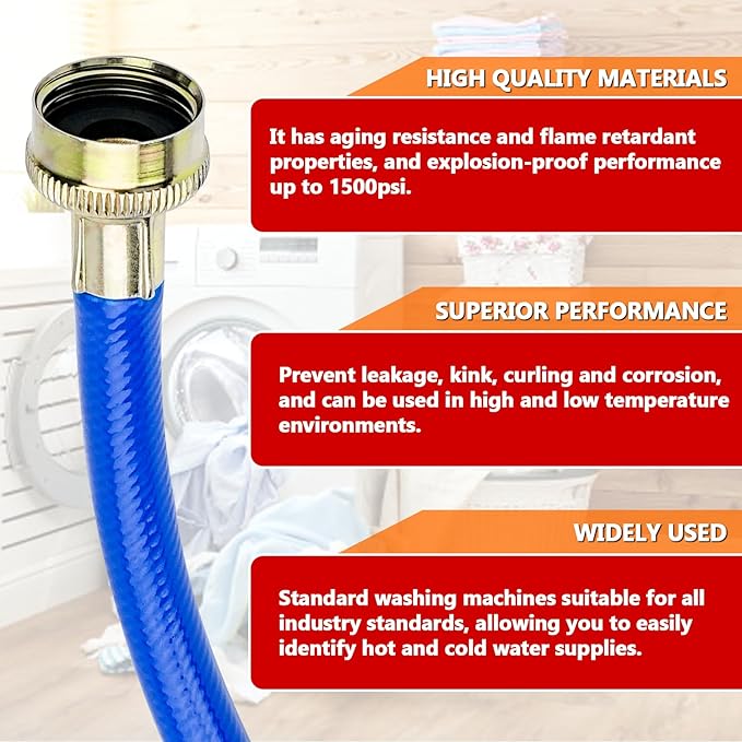Cenipar 6FT Rubber Washing Machine Hoses Burst Proof 2 Pack For Hot and Cold Water 3/4" NPT Connection Water Supply Lines Fit for ALL Washing Machine