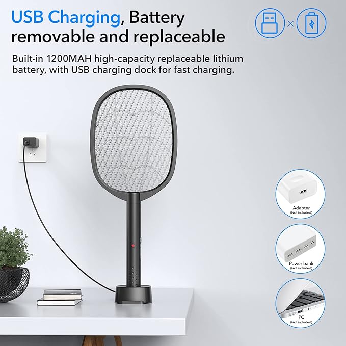 2 Pack Electric Fly Swatter 2 in 1 Bug Zapper Racket & Mosquito Zapper,4000V with USB Charging Base，Powerful Mosquito Swatter with 3 Layers of Safety Net Suitable for Indoor and Outdoor…