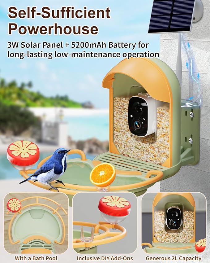 Bird Feeder with Camera, Smart Birdfeeder with Cam Solar Powered, 2K HD Video, AI Identification, Instant Arrival Alerts, IP66 Bird Bath & Feeder,Gift for BirdLover (with BirdBath, Green)