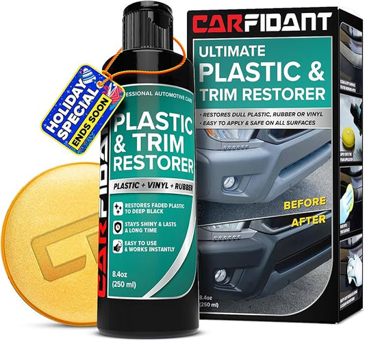 Carfidant Plastic Restorer for Cars – Refreshes Faded Plastic, Vinyl & Rubber Trim with Polish for Deep Shine – Protects Against UV & Dirt – Black Exterior & Interior Care for Detailing - 8.4 fl. Oz.