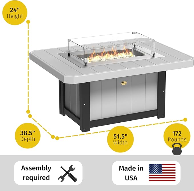 LuxCraft 51" Lumin Rectangular Gas Propane Fire Pit Table for Outdoor Patio with Tempered Glass Wind Guard and Stainless Steel Burner Cover - Amish Made in USA (Dove Gray & Black)