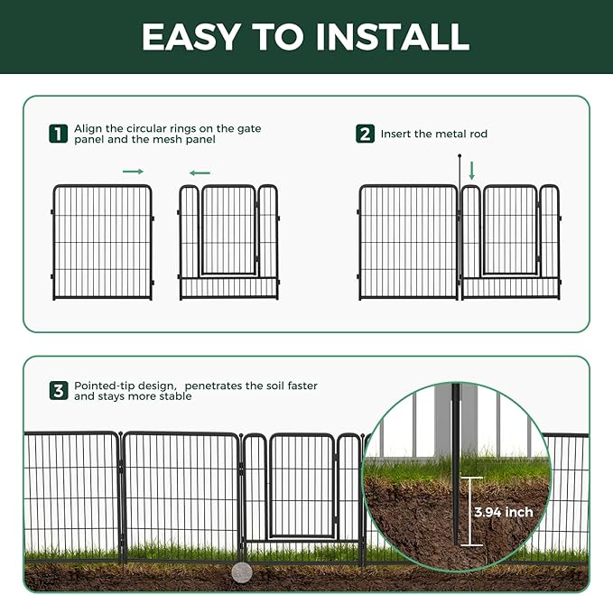 FXW Garden Fence Outdoor for The Yard – 40in(H) x 18.2ft(L) Heavy Duty Metal Animal Barrier for Dog and Rabbit, Decorative Dog Fence, 8 Panels, Black