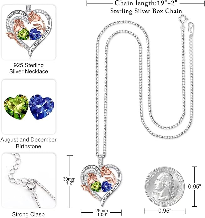 Iefil Christmas Gifts for Women Wife - 925 Sterling Silver Rose Heart Birthstone Necklace Birthday Anniversary Jewelry Gifts for Her Wife Mom Daughter