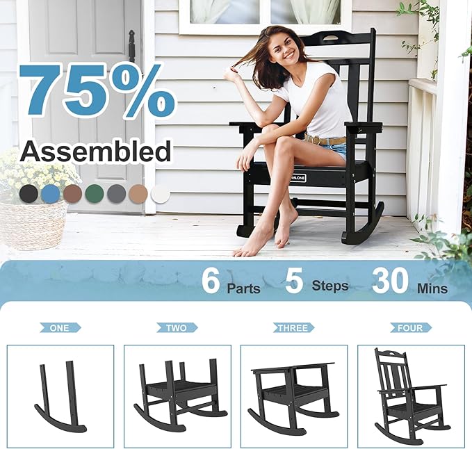 nalone Outdoor Rocking Chair, HDPE All Weather Resistant Rocking Chair for Porch, Oversized Patio Rocker Chair for Adult, Outdoor Rockers for Garden Lawn