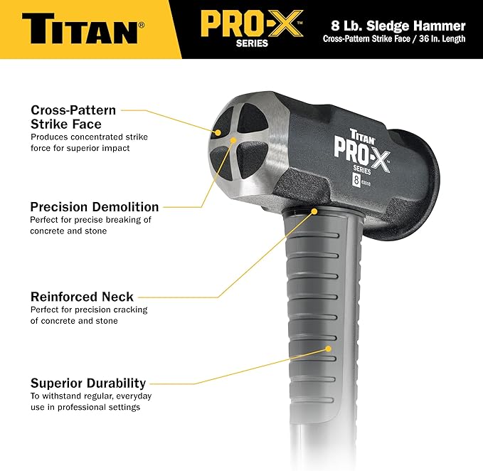 Titan Pro-X 63018 8lb Sledge Hammer, Dual-Face Sledge with Cross-Pattern Face for Concentrated Power & Flat Face for Stake Driving, Overstrike Protection, 36" Fiberglass Handle with Textured Grip