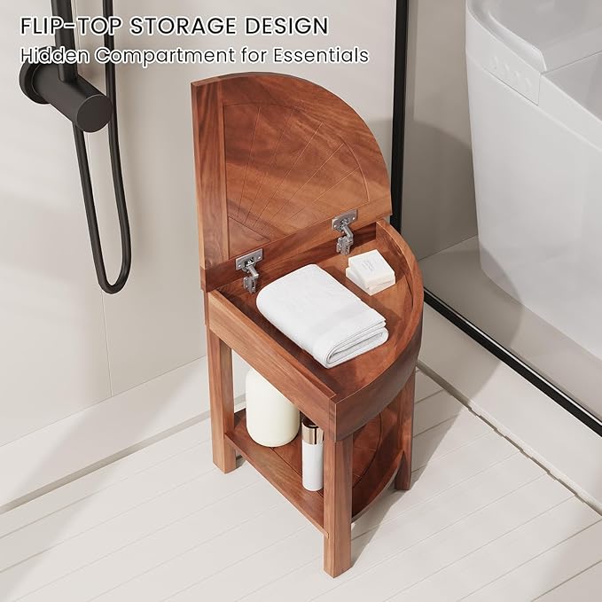 EROMMY 18.3" Flip-Top Corner Shower Stool for Inside Shower, Teak Corner Shower Bench with Storage Cabinet, Shower Foot Rest for Shaving Legs, Small Bench for Bathroom to Sit on Bath Seat