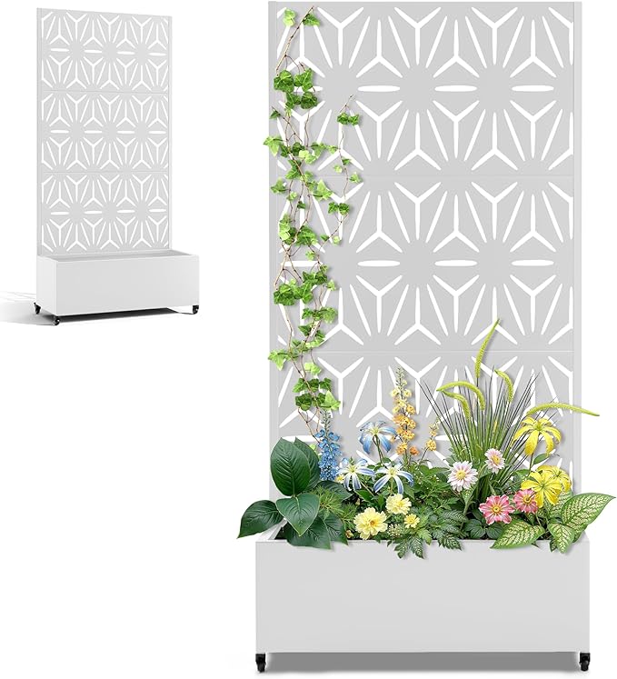 Metal Standing Planter Box with Trellis & Wheels, Raised Bed with Privacy Screen for Garden, Patio, 35"L Outdoor Garden Boxes with Drainage Holes for Climbing Plants, Flowers, (White Star)