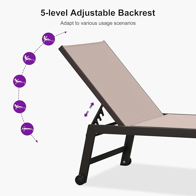 PURPLE LEAF Oversized Patio Lounge Chairs Set of 3, Reclining Pool Lounge Chairs with Side Table and Wheels for All Weather for Outdoor, Deck, Lawn, Aluminum Outside Pool, Sand Beige