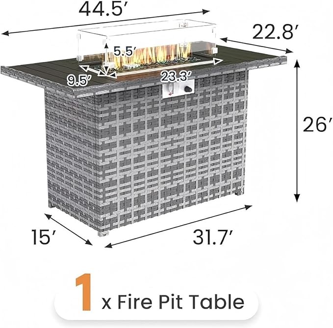 UDPATIO 44" Propane Gas Fire Pit Table, 55000 BTU Rectangular Fire Pit with Glass Wind Guard for Outside Patio Deck Garden Backyard