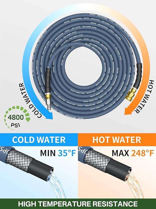 3/8" 4800PSI Pressure Washer Hose 150FT with Swivel Quick Connect for Cold/Hot Water Max 248°F, Kink Resistant Steel Wire Braided, Wear Resistant Power Washer Hose with M22 14mm Adapter