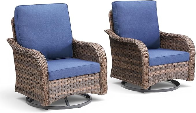 Outdoor Swivel Rocker Patio Chairs-High Back Wicker Swivel Rocker Patio Chairs Set of 2,All Weather Wicker Chair Patio Furniture Sets with Comfy Cushions for Porch Balcony Deck Brown/Blue