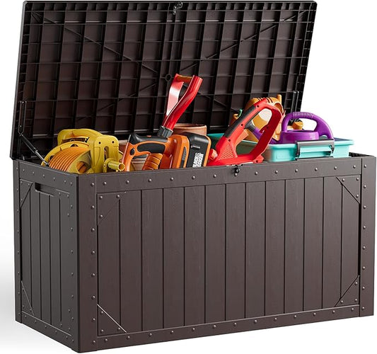 100 Gallon Outdoor Storage Box Waterproof,Resin Deck Box Storage Bin for Cushion Patio Furniture, Pool Accessories, and Garden Tools, Lockable & UV-Resistant, Brown