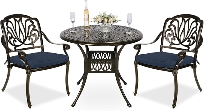 MEETWARM 3 Piece Patio Bistro Set, Outdoor All-Weather Cast Aluminum Dining Furniture Set Includes 2 Cushioned Chairs and a 35.4” Round Table with Umbrella Hole for Garden Deck, Navy Blue
