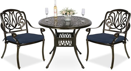 MEETWARM 3 Piece Patio Bistro Set, Outdoor All-Weather Cast Aluminum Dining Furniture Set Includes 2 Cushioned Chairs and a 35.4” Round Table with Umbrella Hole for Garden Deck, Navy Blue