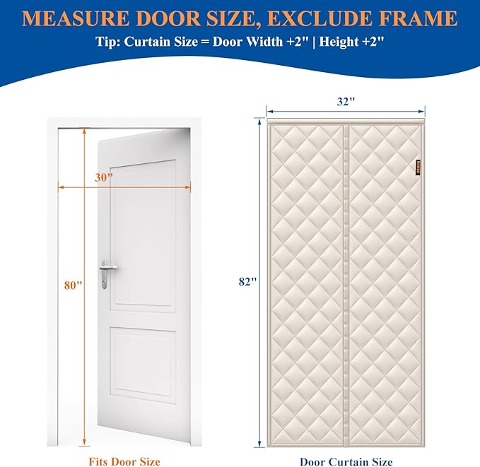 MAGZO Quilted Thermal Insulated Door Curtain, Fits Door Size 30" x 80", Oxford Filled with Thicken Cotton, Windproof Insulation Cover Blanket for Winter, Prevent Cold Air, Strong Magnets, Beige