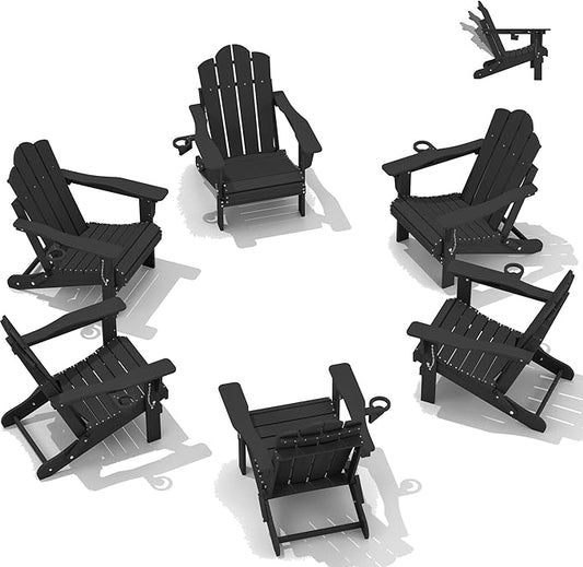 KINGYES Adjustable Folding Adirondack Chair Set of 6, 3-Position Reclining Adirondack Chairs with Cup Holder, HDPE All-Weather Oversized Adirondack for Outdoor, Patio, Backyard Deck, Fire Pit, Black