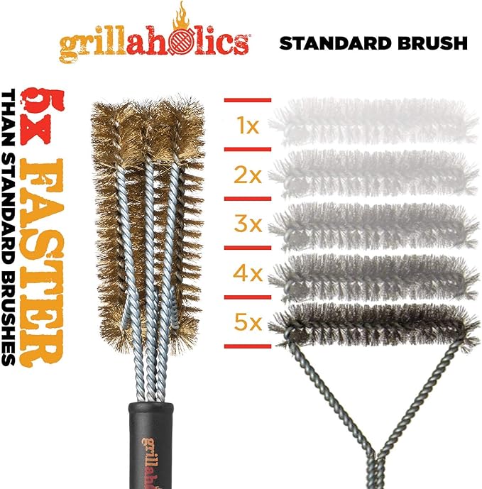 Grillaholics Brass Grill Brush – Safe BBQ Brush for Outdoor Cooking – Heavy-Duty Soft Bristle Grill Cleaning Tool for Porcelain & Ceramic Grates