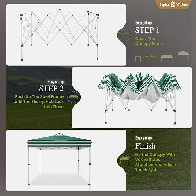 Sophia & William Canopy Tent Pop Up 10x10 ft, Outdoor Patio Portable Commercial Canopies Shelter Heavy Duty Straight Legs with Roller Bag, 8 Stakes, 4 Guy Ropes, UPF50+, Green & White Stripes