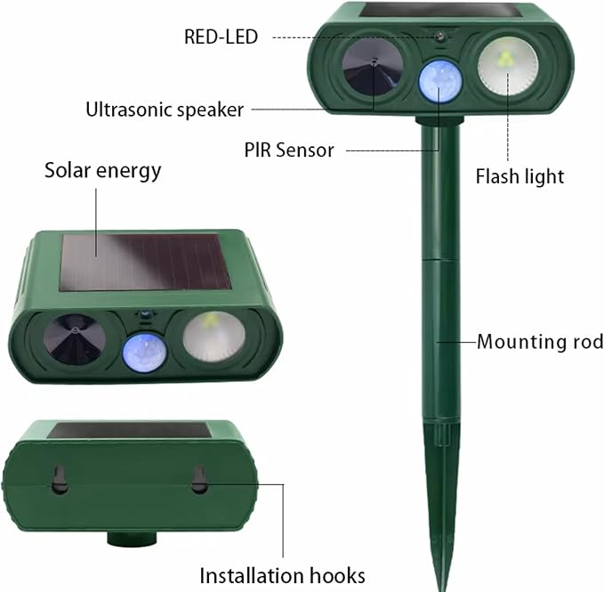Outdoor Ultrasonic Animal Repellent – Solar Powered, Waterproof, Motion Sensor, Eco-Friendly, Deer, Dog, Cat, Raccoon, Squirrel, Skunk, Coyote, Fox, Rabbit, Geese, Ultrasonic Repeller 4pk