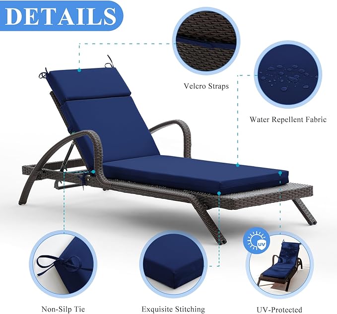 FILUXE Chaise Lounge Cushions Outdoor Furniture, High-Density Foam Chair Cushion with Ties, Weather & Fade Resistant - Patio Recliner Chairs Cushions for Lawn, Pool & Beach 80x26x3 Inch, Royal Blue