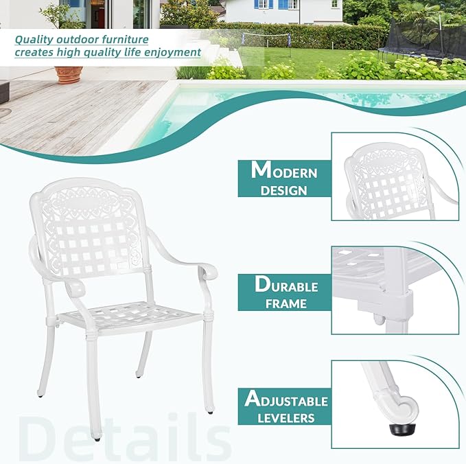 MEETWARM 3 Piece Patio Bistro Set, Outdoor All-Weather Cast Aluminum Dining Furniture Set Includes 2 Chairs and a 31” Round Table with Umbrella Hole for Garden Deck, White