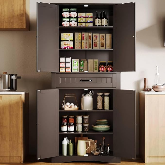 Gizoon 71'' Kitchen Pantry Storage Cabinet, Freestanding Pantry Organizers and Storage Cabinet with 4 Doors and 4 Adjustable Shelves, Tall Cabinet with Large Drawer for Kitchen, Living Room, Bathroom