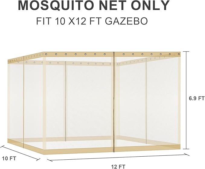 BPS 10' x 12' Gazebo Universal Mosquito Netting Screen Replacement, 4-Panel Screen Walls with Double Zippers for Outdoor Patio, Khaki (Mosquito Net Only)