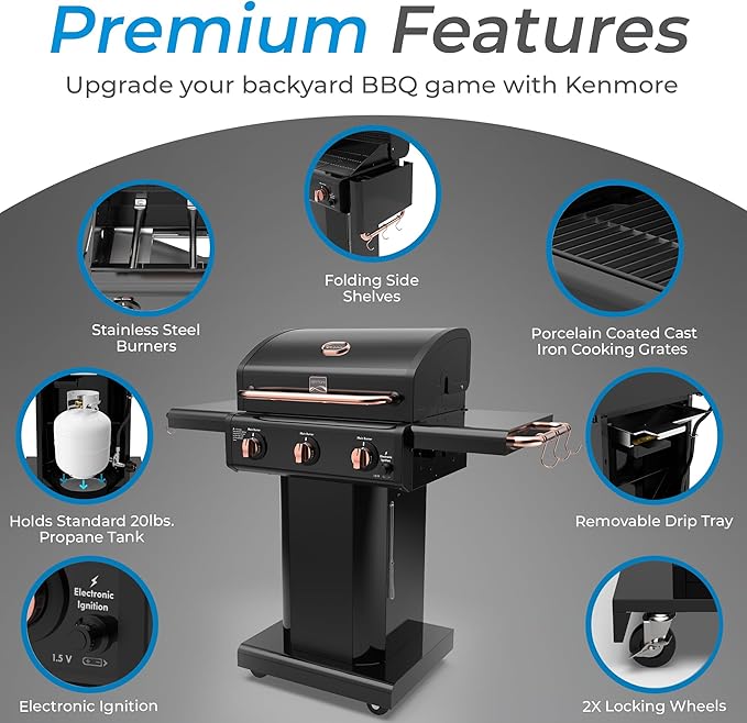 Kenmore 3-Burner Gas Grill | Foldable Side Tables, Cast Iron Cooking Grates, Warming Rack, Hooks for BBQ Grilling Tools, Propane Gas Barbecue Grill, 30,000 BTUs, Black with Copper Accent