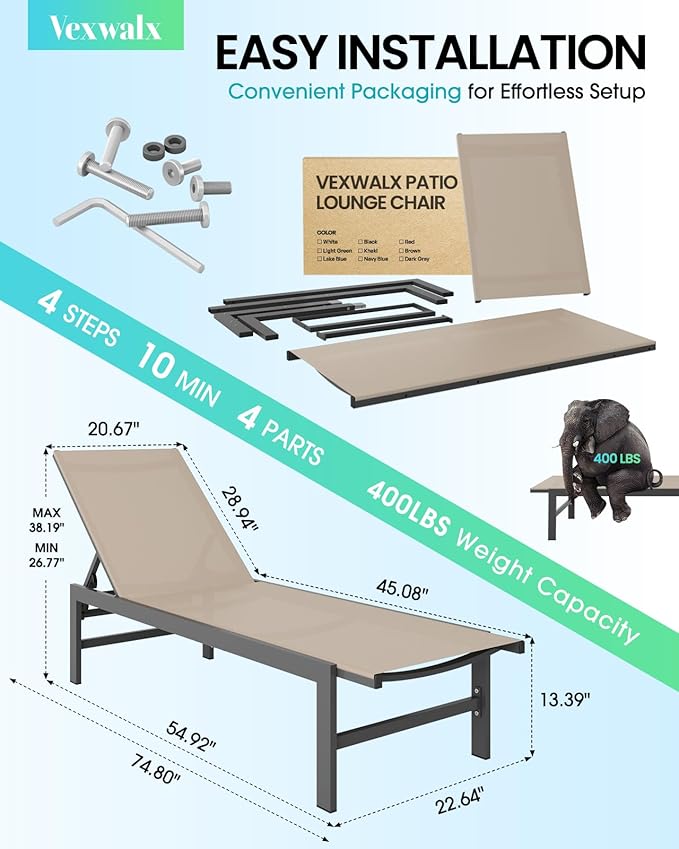 Outdoor Lounge Chairs for Pool, Aluminum Chaise Lounge Chair with 5-Position Recliner, Patio Lounge Chair for Backyard, Poolside, Lawn, Khaki