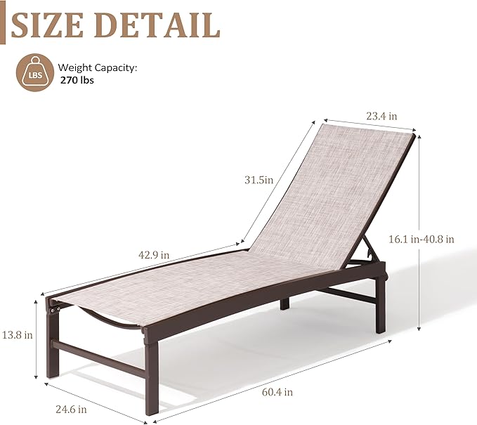 Patio Aluminum Chaise Lounge Chair, Set of 2 Outdoor Recliner Lounge Chair Sun Loungers, All Weather Chaise with 5 Adjustable Backrest and Lay Flat Positions for Garden, Balcony, Pool