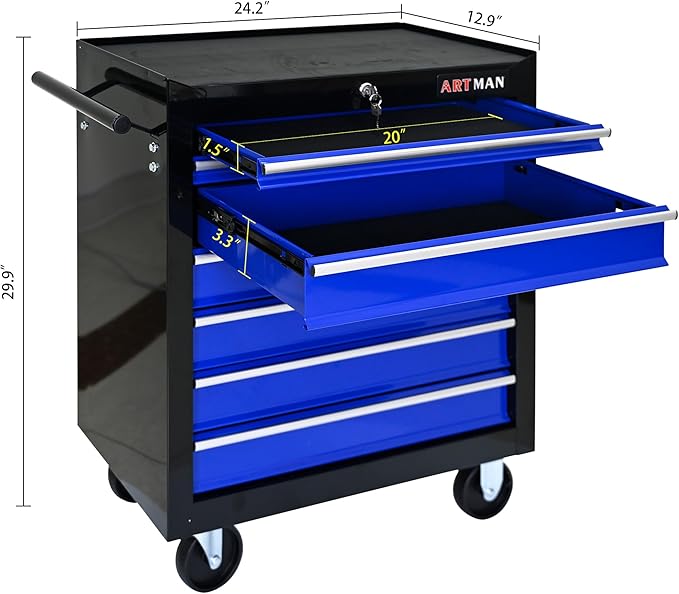 7 Drawers Tool Cart on Wheels,Multifunctional Rolling Tool Chest Tool Storage,Drawers Rolling Tool Trolley Organizer Tool Case for Garage, Warehouse, Workshop, Repair Shop (Black+Blue)