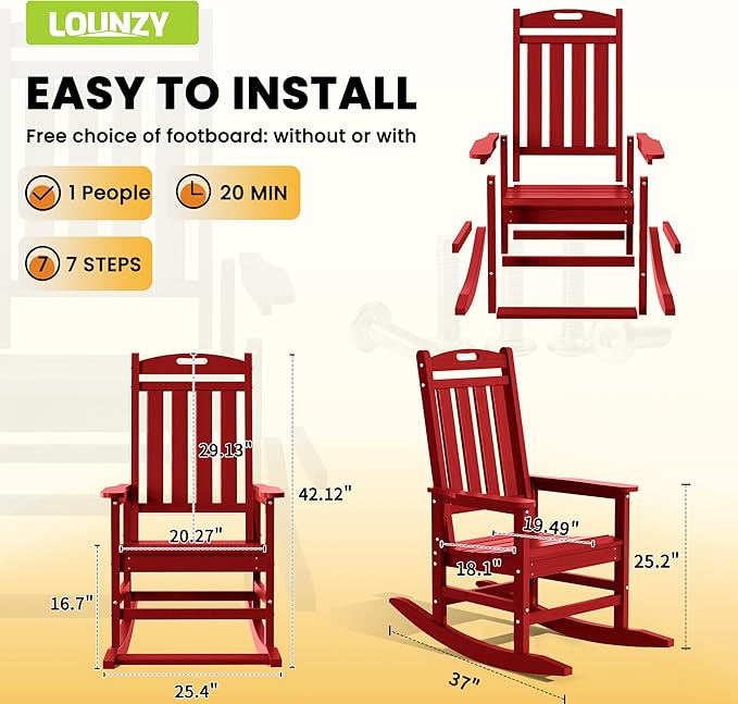 LOUNZY Outdoor Rocking Chair with Footboards Set of 6, HDPE Rocking Chair Patio Porch Rocker with 380lbs Support for Adult, Dark Red