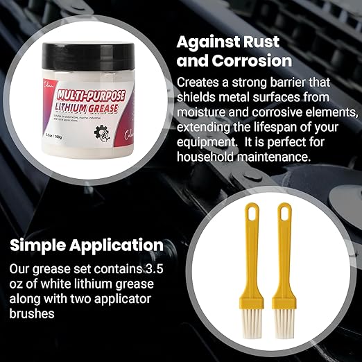 3.5oz Multi-Purpose White Lithium Grease with 2 Brushes, Ideal for Automotive, Marine, Brakes, Garage & Sliding Doors, Waterproof, Rust & Corrosion Resistant, High-Temperature Safe
