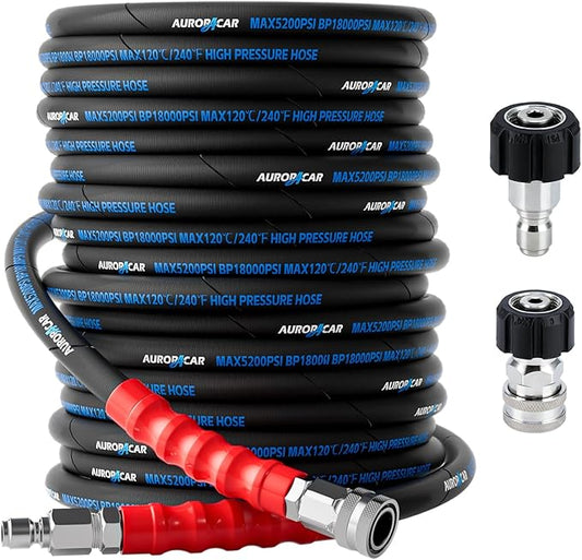3/8'' Pressure Washer Hose 100FT, Kink Resistant High Tensile Wire Braided Power Washer Hose for Hot and Cold Water with 2 Pcs M22-14mm 3/8" Quick Connect Kit, 5200PSI Commercial Industrial Grade