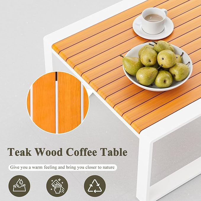 Aluminum Patio Furniture Set, All-Weather Outdoor Couch Sectional, L Shaped Patio Conversation Sets, Metal Corner Sofa with Teak Coffee Table (Cushion: Blue., White Frame)