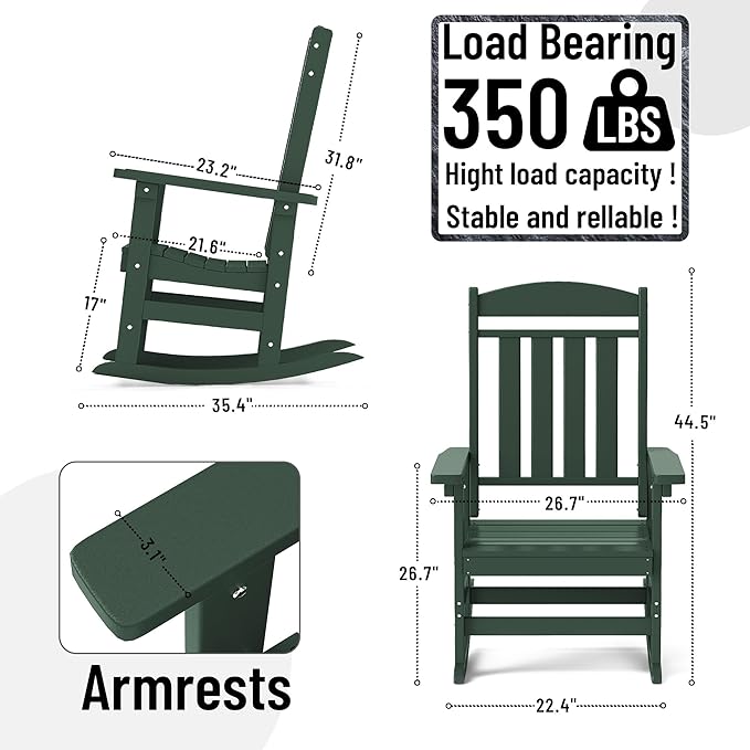 Outdoor Rocking Chairs Set of 6, Oversized High Back Patio Rocking Chairs, All Weather Porch Rocking Chairs for Outside. Dark Green