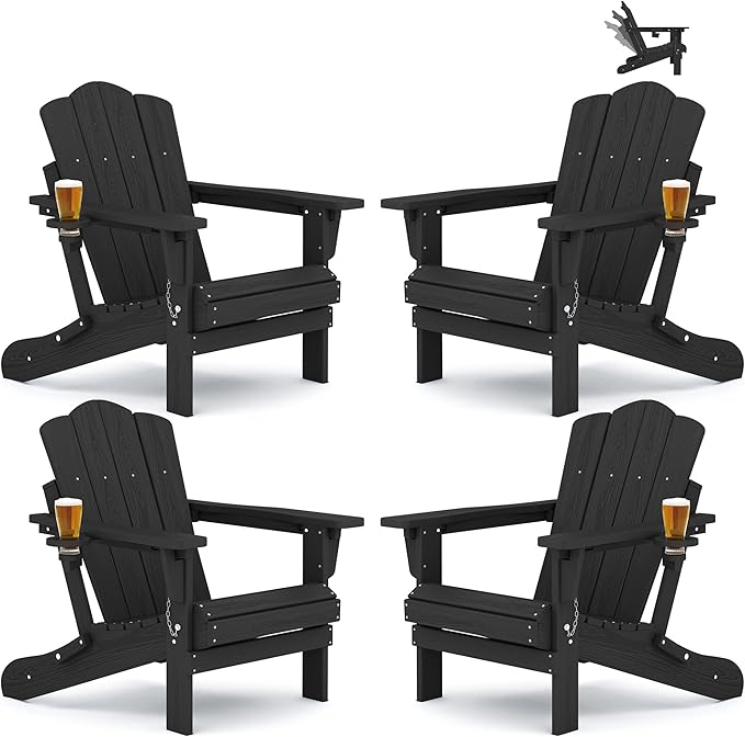 KINGYES Adjustable Folding Adirondack Chair Set of 4, 3-Position Reclining Adirondack Chairs with Cup Holder, HDPE All-Weather Oversized Adirondack for Outdoor, Patio, Backyard Deck, Fire Pit, Black