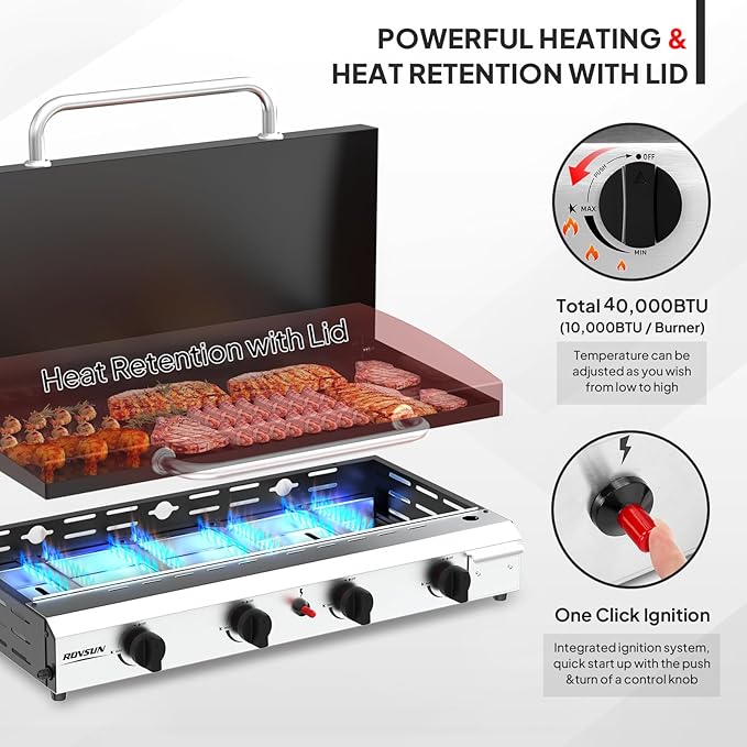ROVSUN 4 Burner Portable Propane Griddle with Ignition & Regulator, 40,000 BTU Tabletop Flat Top Gas Grill with Enameled Tray & Lid for Outdoor Cooking Camping BBQ Tailgating Electronic